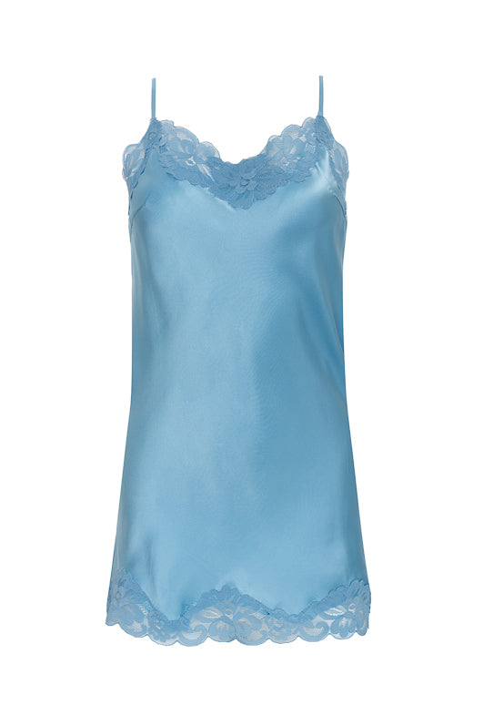 The Floral Lace Silk Tunic in baby blue.