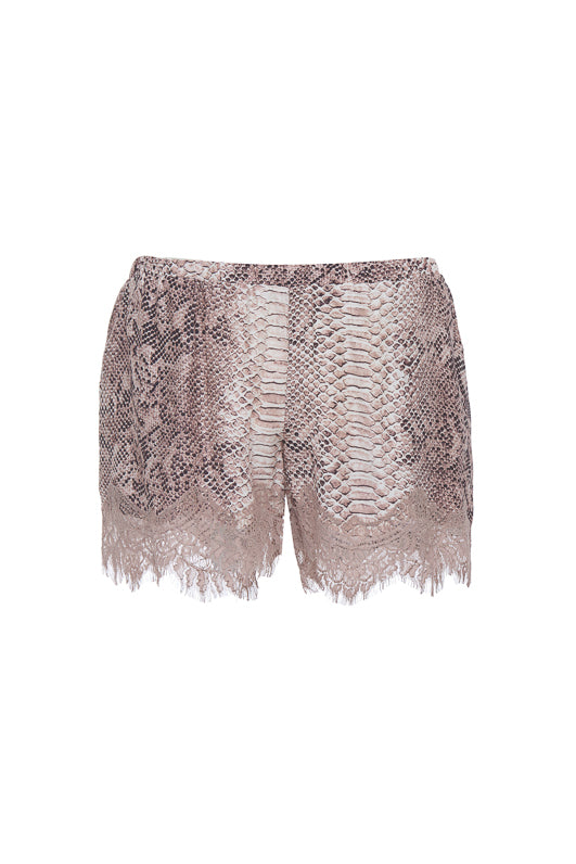 The Python Silk Print Coco Lace Shorts in muted rose python.