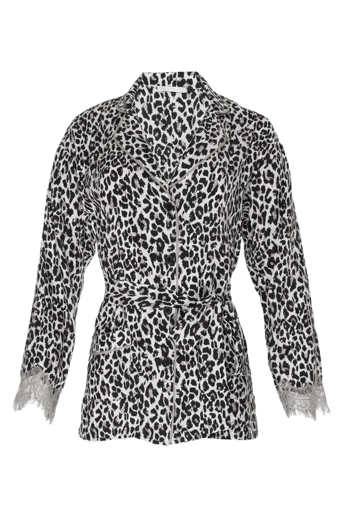 The Animal Print PJ Silk Shirt in grey leopard print with matching sash tied around the waist.