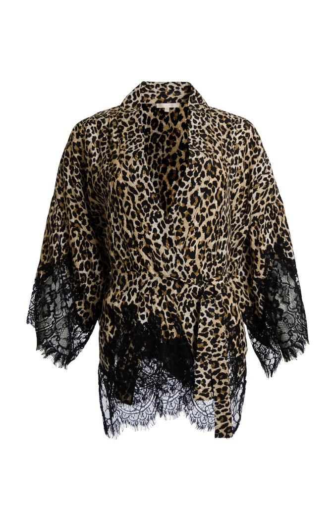 The Coco Animal Print Silk Kimono in mocca leopard animal print.