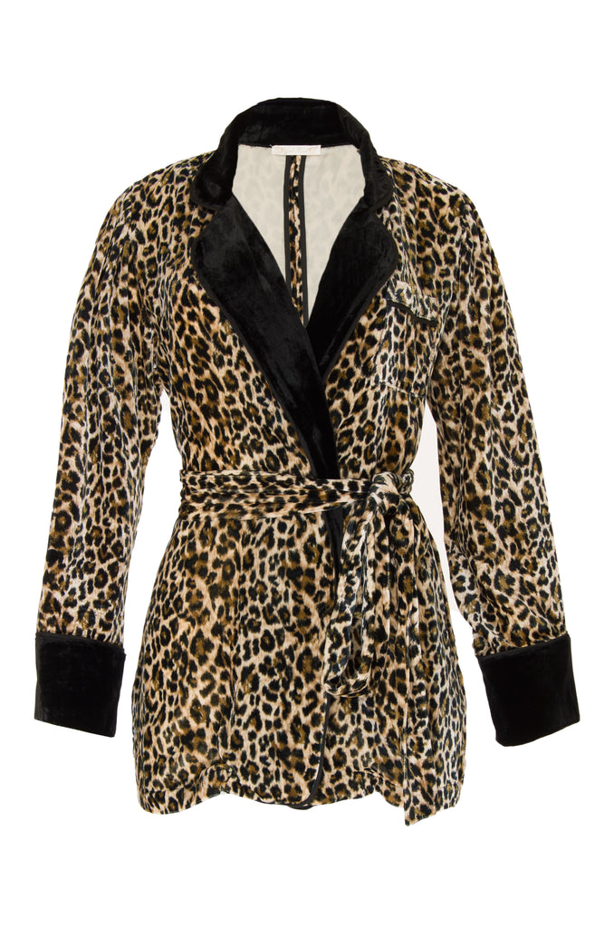 The Animal Print Velvet Ginger Robe Blazer in mocca leopard print.