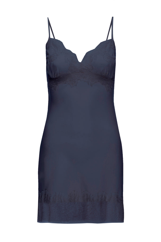 The Vintage Lace Silk Slip Dress in navy.