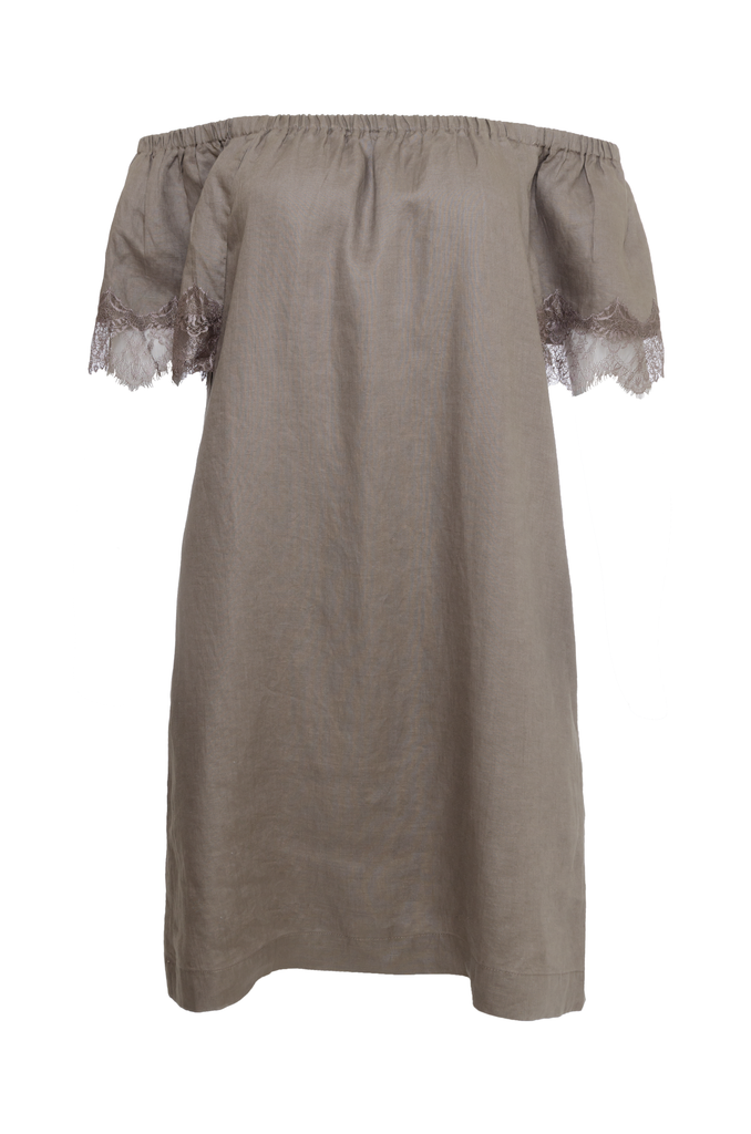 The Eva Off-Shoulder Dress in grey.