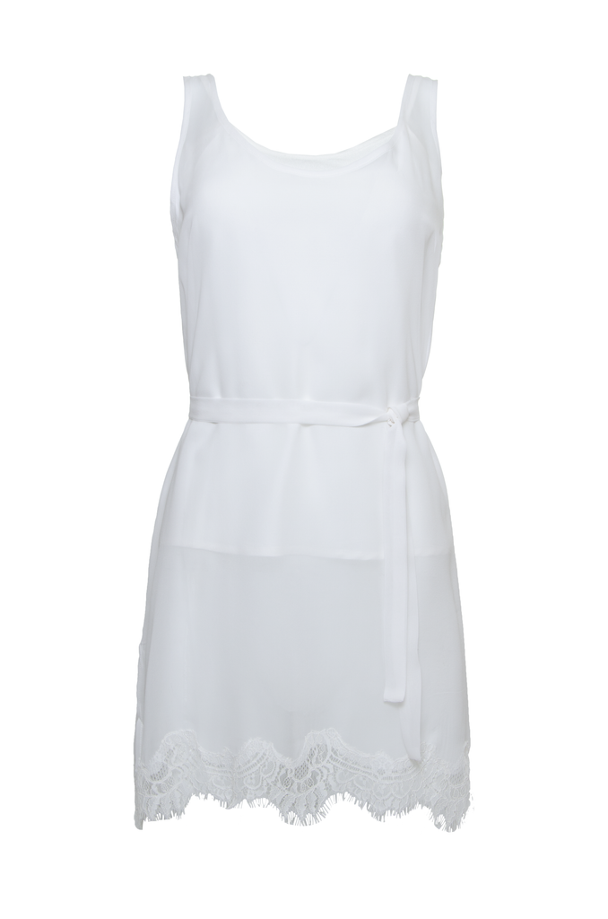 The Sheer Silk Tank Top in white; shown with matching sash worn as belt.