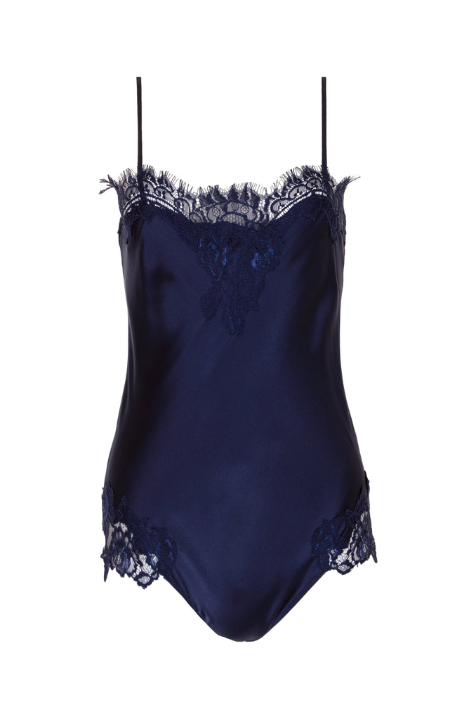 The Coco Lace Silk Bodysuit in navy.