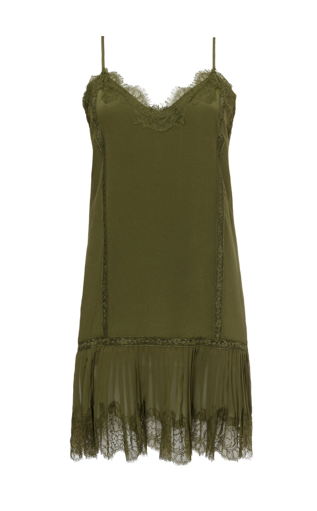 The Pleates Lace Silk Dress in olive.
