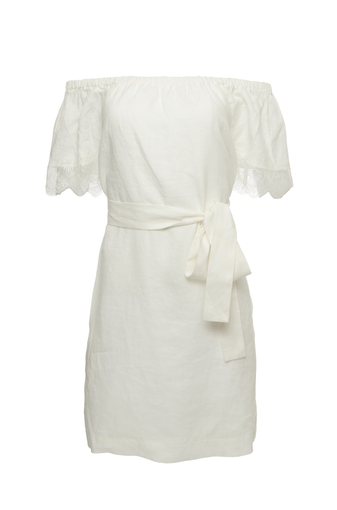 The Eva Off-Shoulder Dress in dove; shown with matching sash used as a belt.