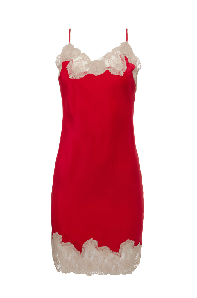 The Marilyn Lace Silk Slip Dress in red with sand shell lace.