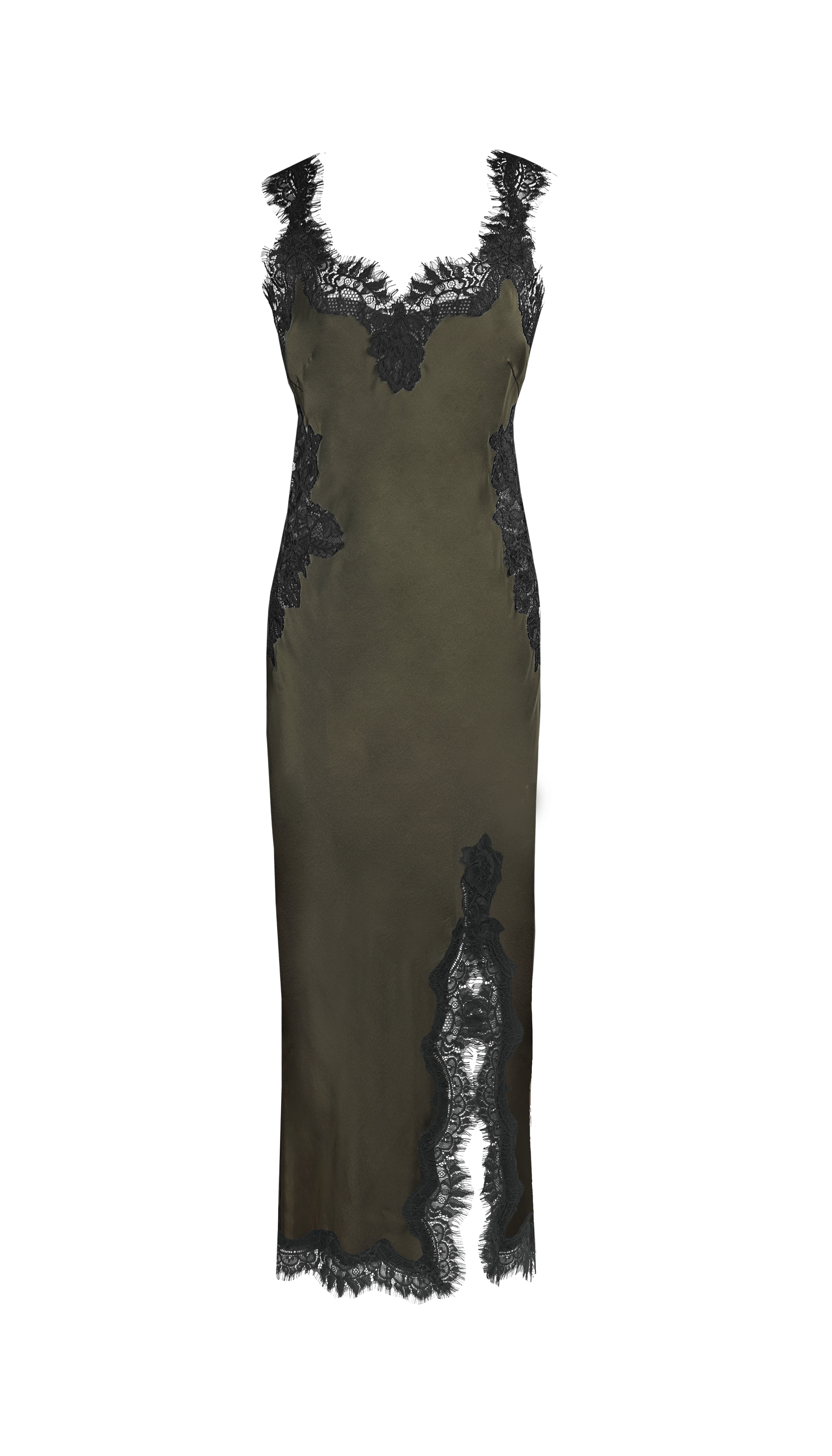 Harper Strap Long Bias Dress - Moss Green/Black Lace  Gold Hawk Clothing