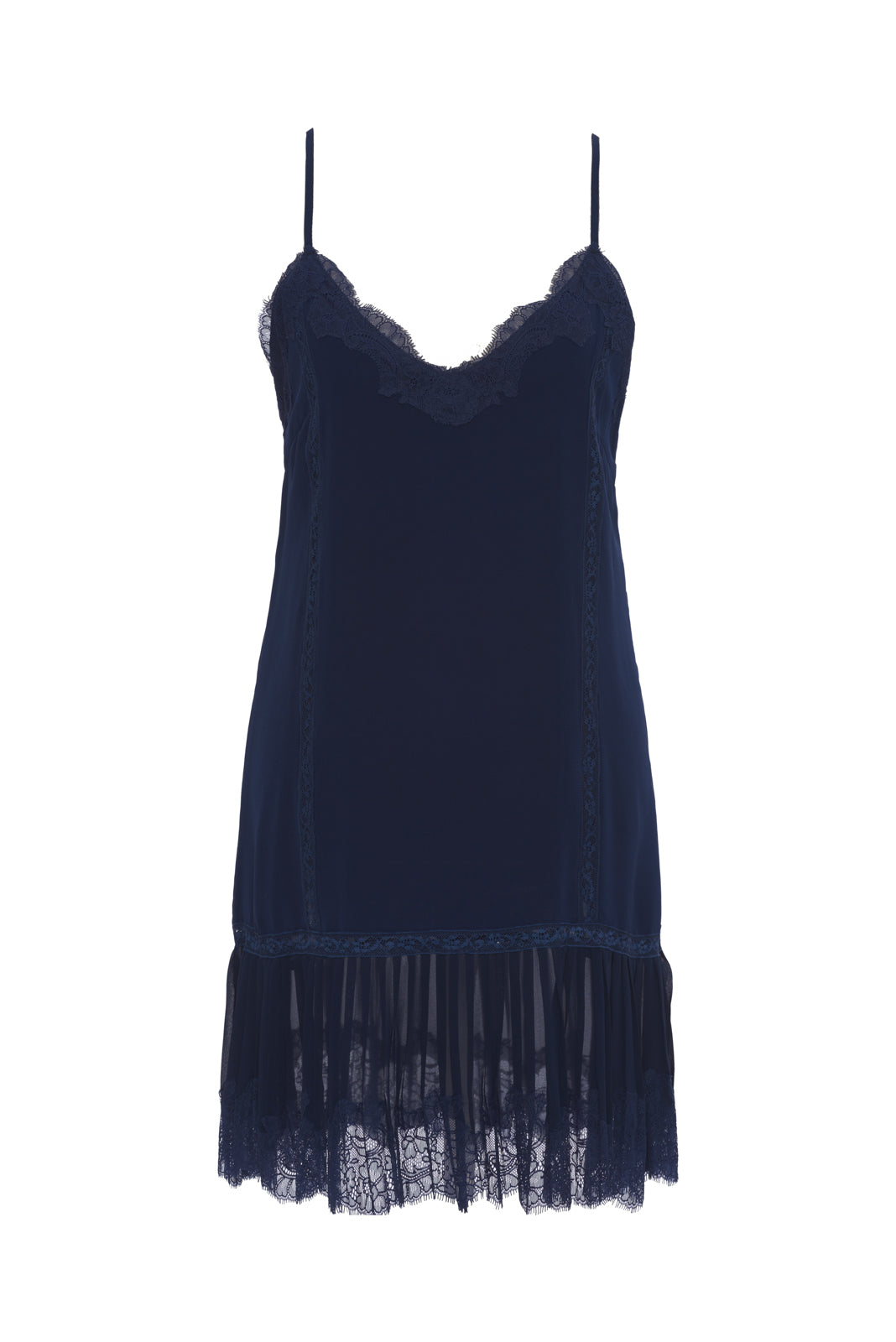 Pleated Lace Silk Dress Navy* Navy / S Pleated Lace Silk Dress Navy* Navy / S