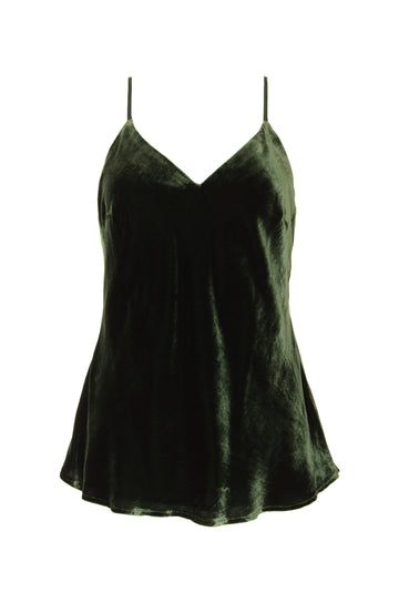 Luxurious blended silk velvet camisole with adjustable straps, and cut on bias. It is lined, has a V-neck line, and a super soft touch. Here shown in duffle green.