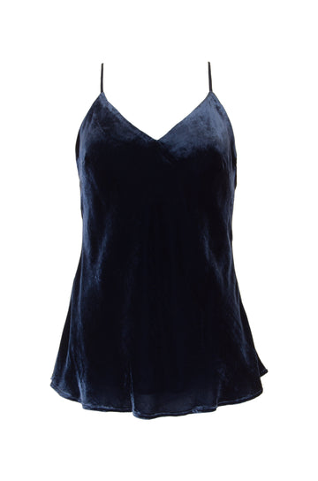 Luxurious blended silk velvet camisole with adjustable straps, and cut on bias. It is lined, has a V-neck line, and a super soft touch. Here shown in navy.