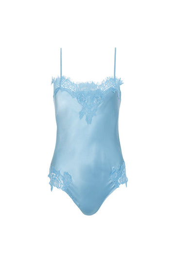 The Coco Lace Silk Bodysuit in baby blue.