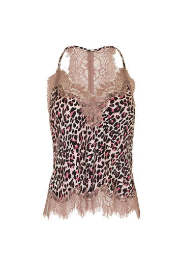 The Silk Print Racerback Lace Cami in pink animal leopard print.