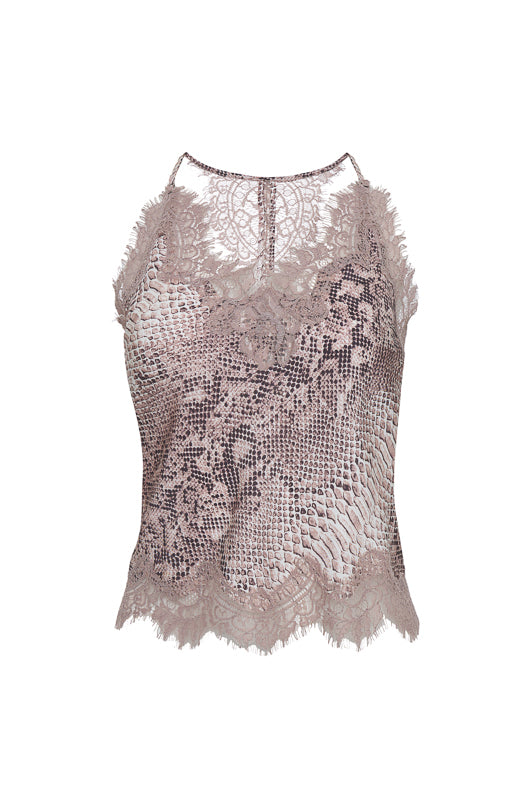The Python Silk Print Racerback Lace Cami in muted rose python.