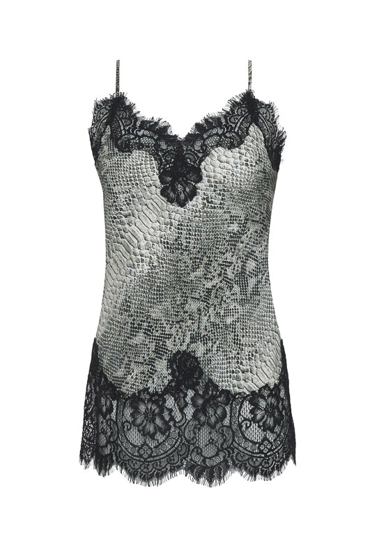 The Python Coco Silk Print Lace Cami in grey python.