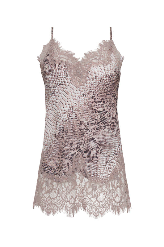 The Python Coco Silk Print Lace Cami in muted rose python.