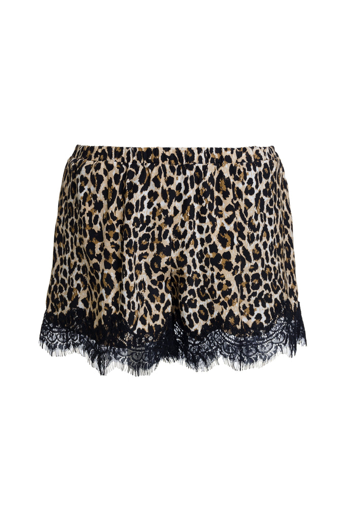 The Silk Print Coco Lace Shorts in mocca animal leopard print.