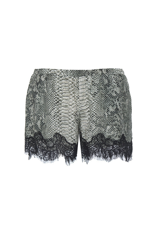 The Python Silk Print Coco Lace Shorts in grey python.