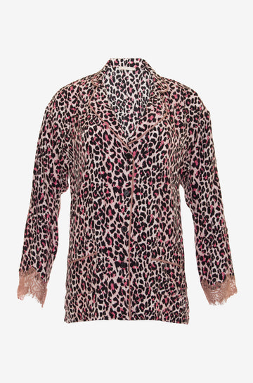 The Animal Print PJ Silk Shirt in pink leopard print.
