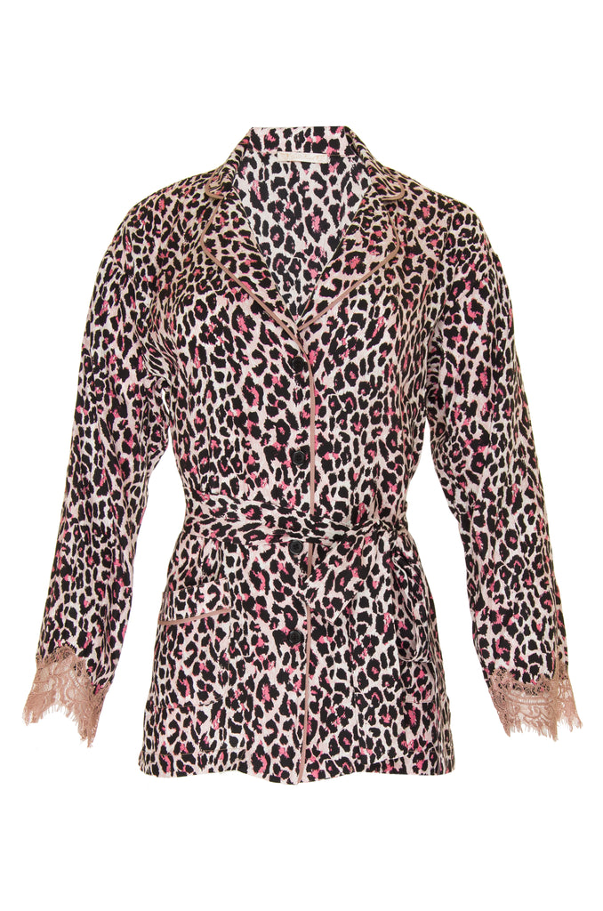 The Animal Print PJ Silk Shirt in pink leopard print with matching sash tied around the waist.