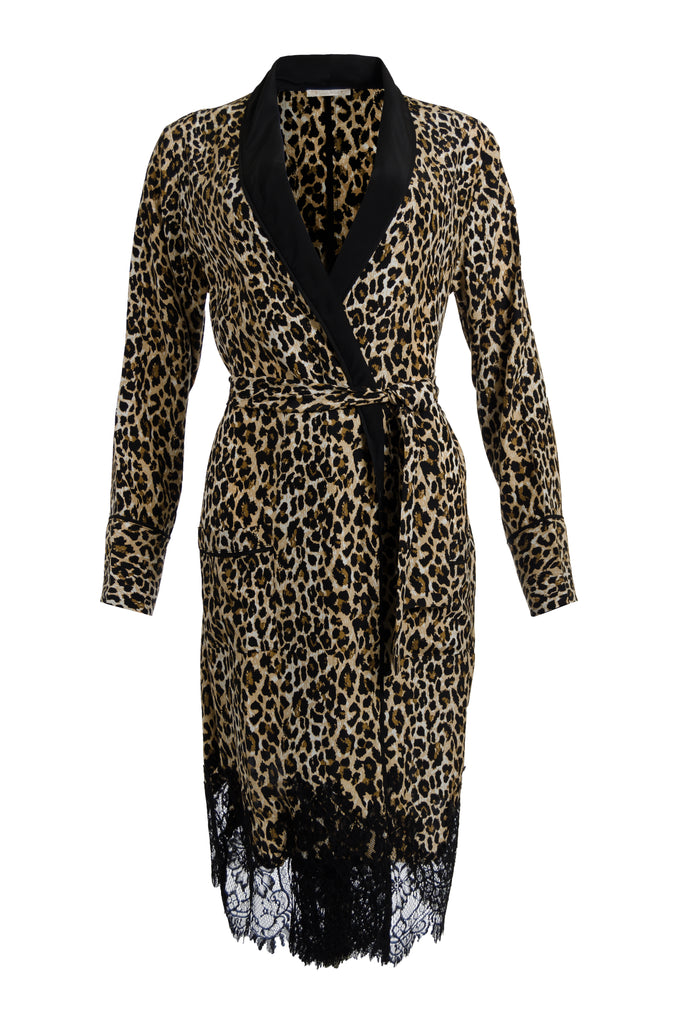 The Coco Animal Print Silk Duster in mocca leopard animal print.