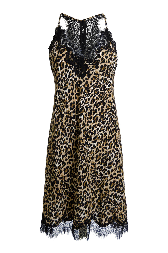 The Animal Print Racerback Silk Dress in mocca leopard print.