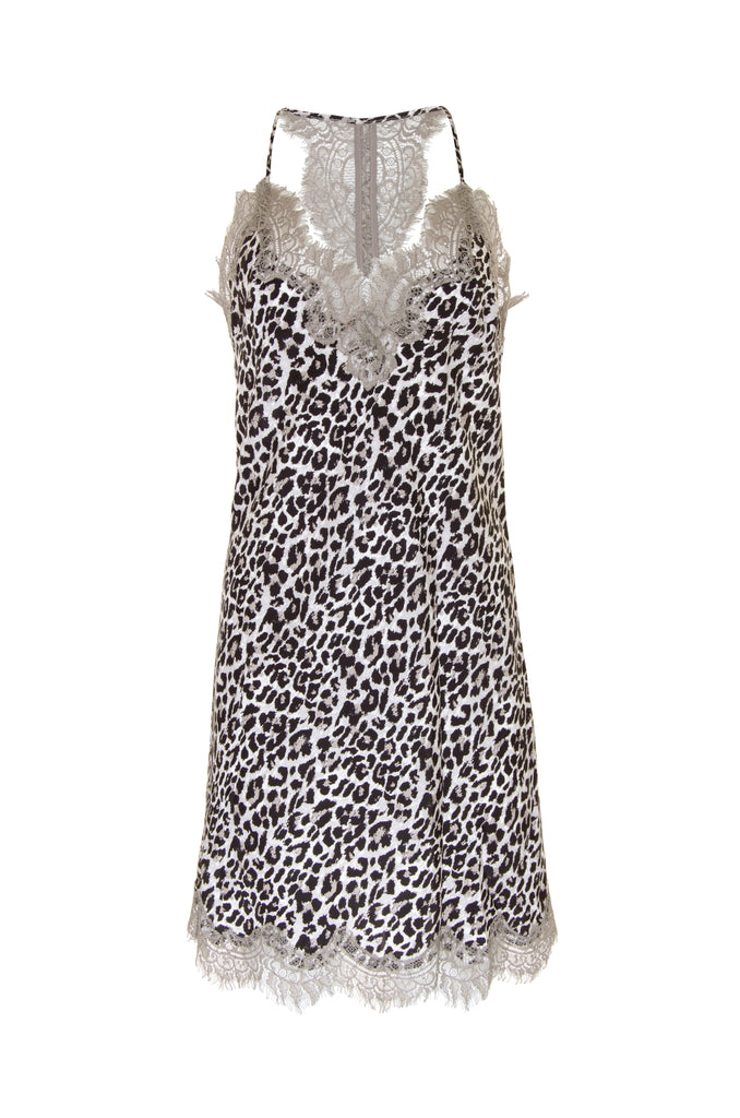 The Animal Print Racerback Silk Dress in grey leopard print.