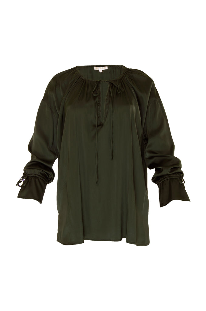 The Pleasant Wrap Front Tie Top in duffel green.