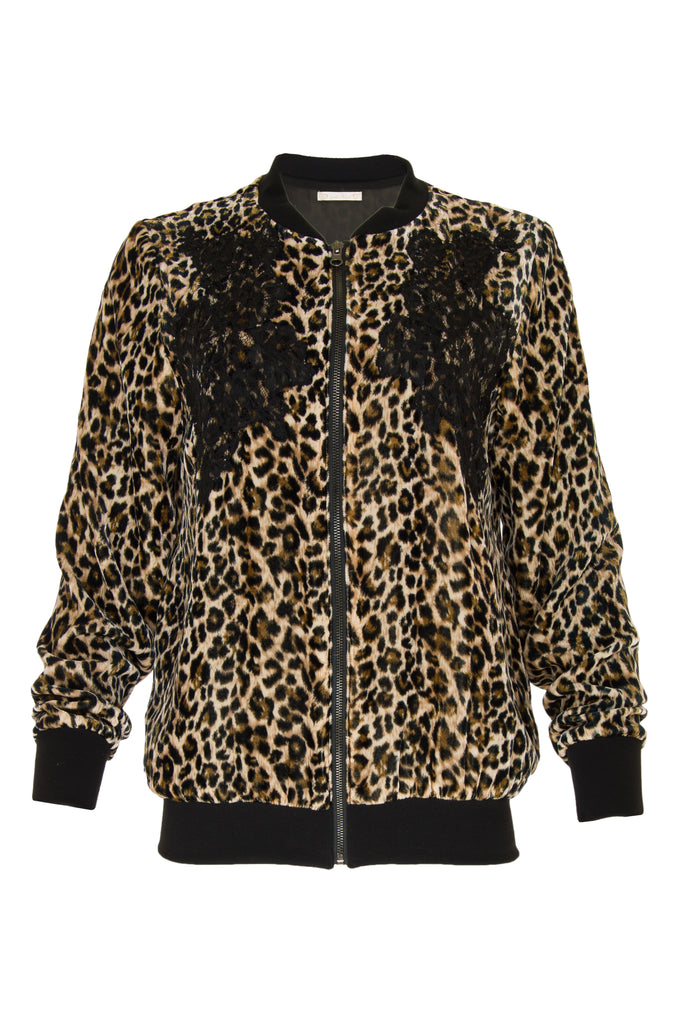 The Animal Print Velvet Ginger Bomber Jacket in mocca leopard print.