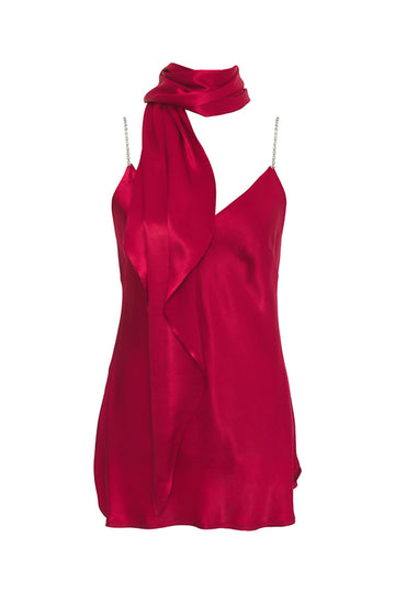 The Aimee Camisole in fiery red, with matching sash used as a scarf.