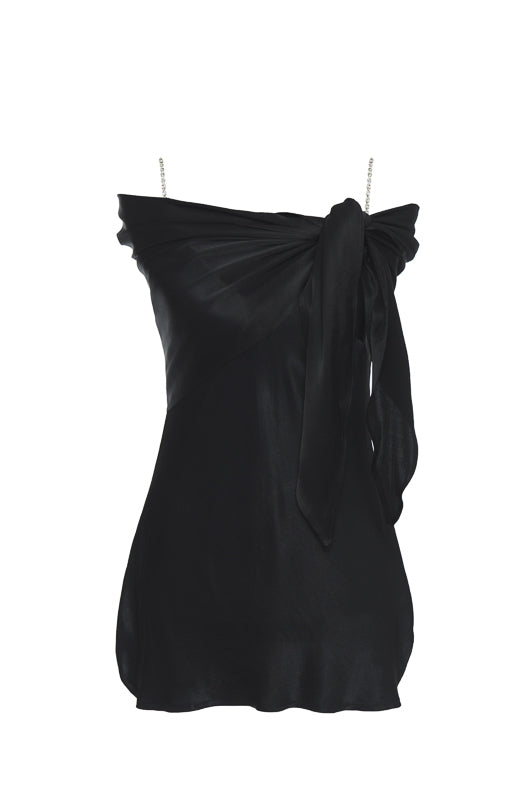 The Aimee Camisole in black, with matching sash tied around the shoulders.