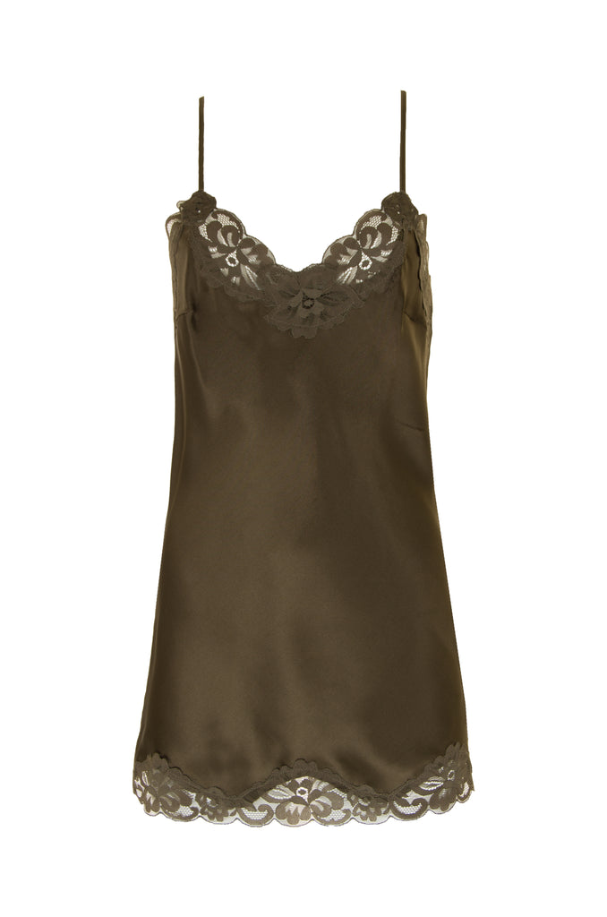 The Floral Lace Silk Tunic in olive.