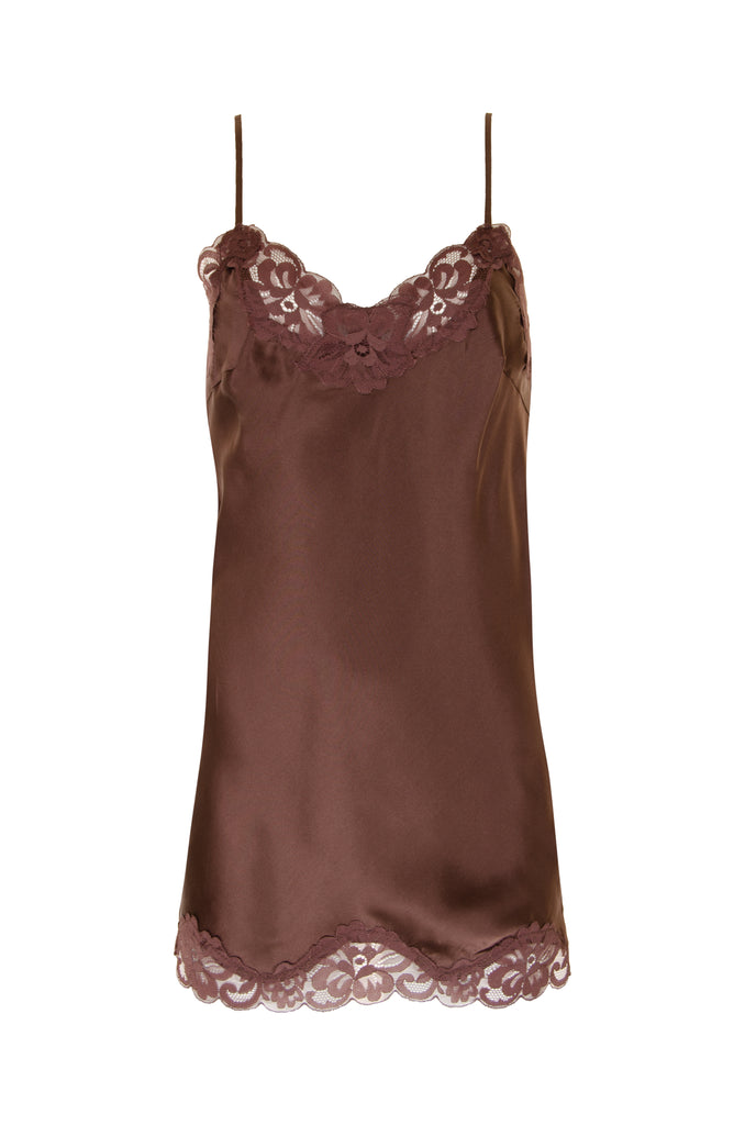 The Floral Lace Silk Tunic in chocolate.