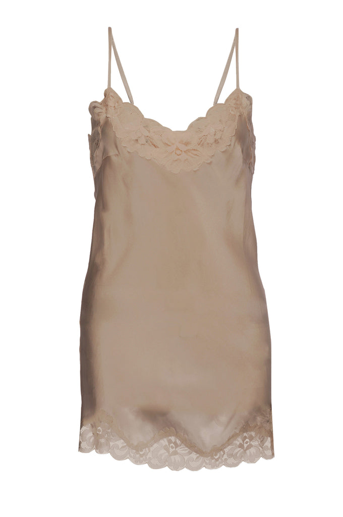 The Floral Lace Silk Tunic in camel.