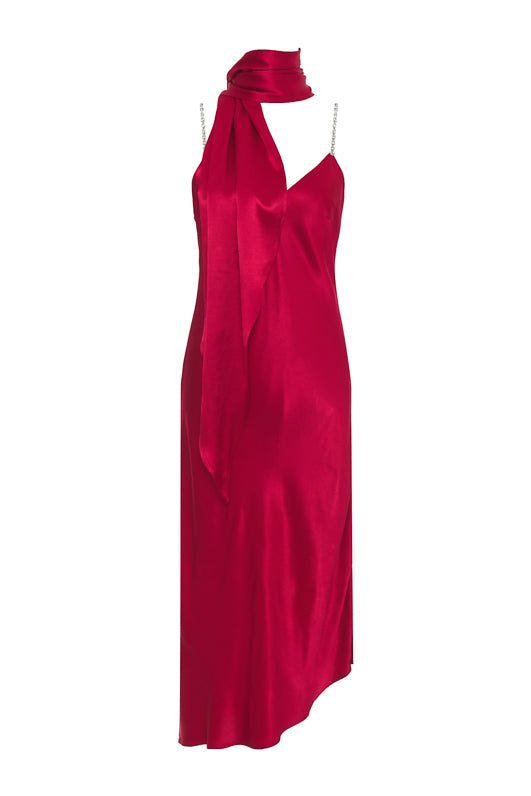 The Aimee Slip Dress in fiery red with matching sash worn as scarf.