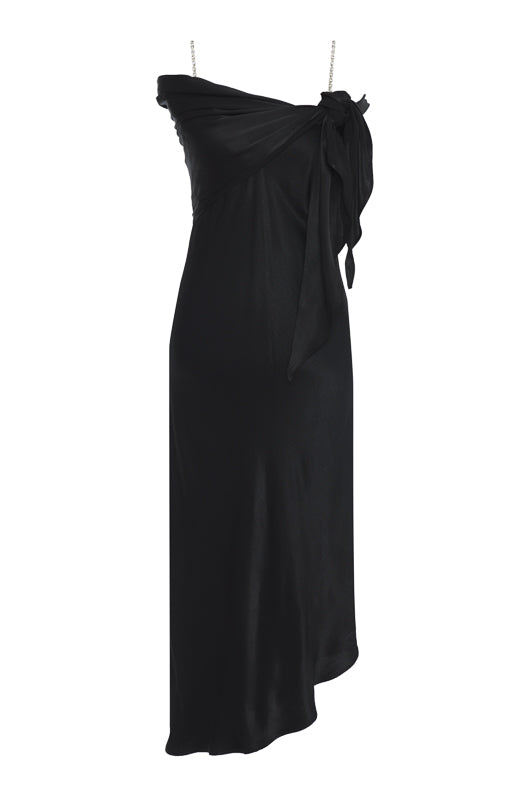 The Aimee Slip Dress in black with matching sash worn around the shoulders.
