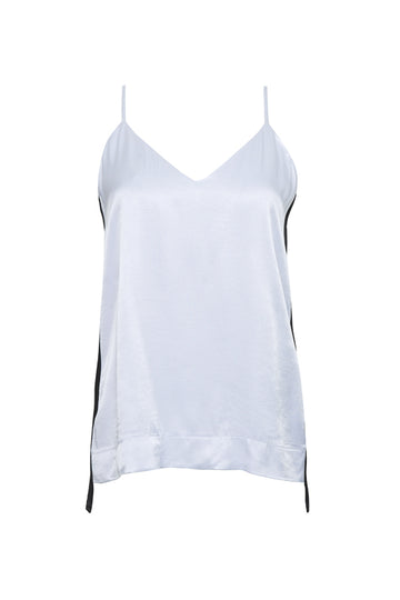 The Hayley Camisole in bright white with black stripe on sides.