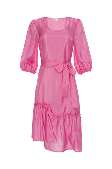 The Maine Peasant Dress in rose; shown with matching sash tied around the waist.