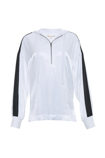 The Hayley Hoodie Top in bright white with black sleeve stripes.