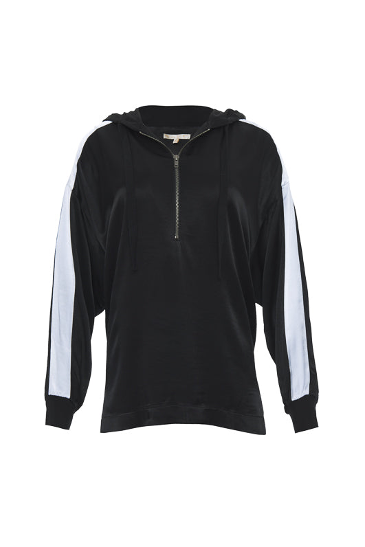 The Hayley Hoodie Top in black with bright white sleeve stripes.