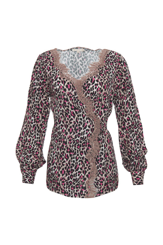 The Animal Print Wrap Top in pink leopard animal print.