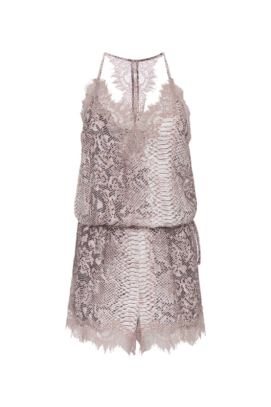 The Python Romper in muted rose python.