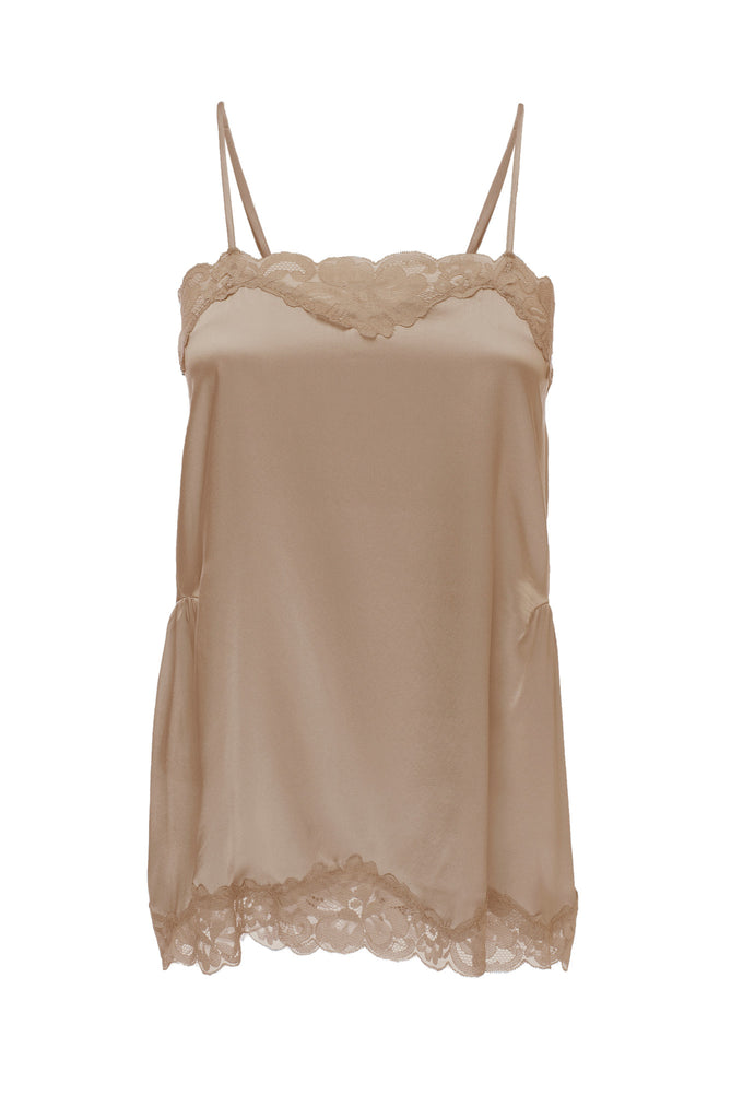 The Charlotte Lace Silk Cami in camel.