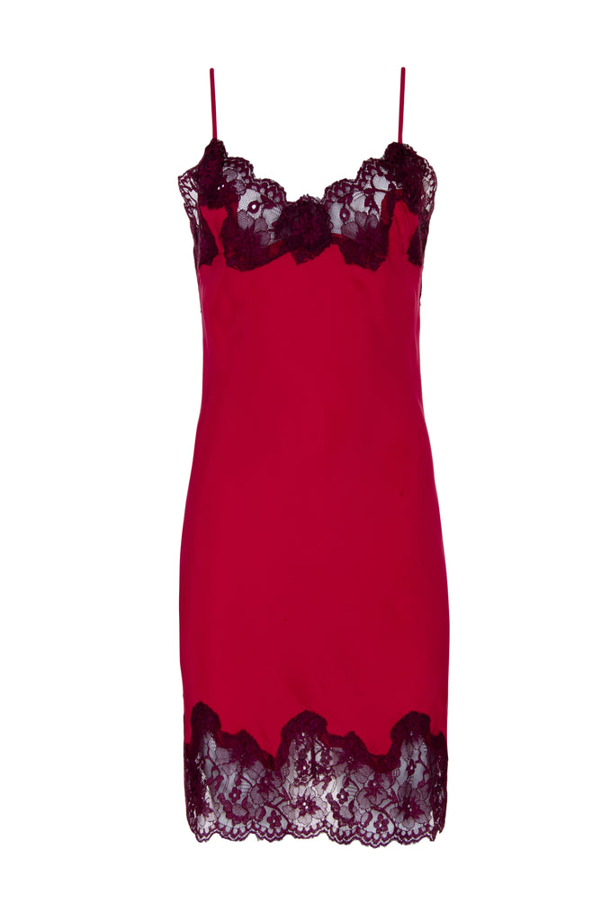 The Marilyn Lace Silk Slip Dress in fuchsia with burgundy lace.