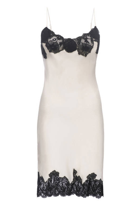 The Marilyn Lace Silk Slip Dress in vanilla with black lace.