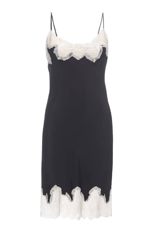 The Marilyn Lace Silk Slip Dress in black with vanilla lace.