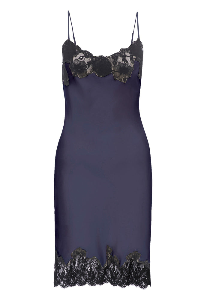 The Marilyn Lace Silk Slip Dress in navy with black lace.