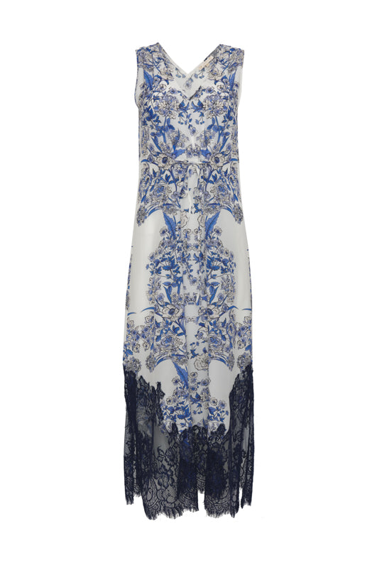 The French Toile Draw Dress in navy toile.