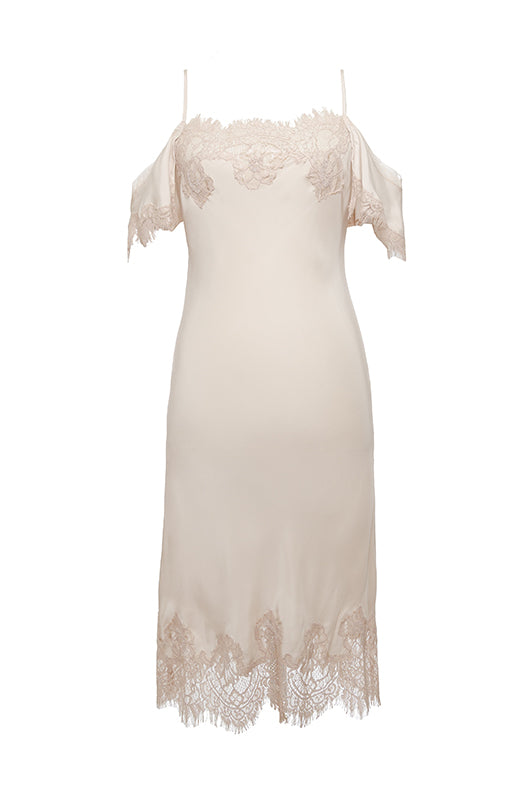 The Gigi Lace Silk Dress in pale mauve.